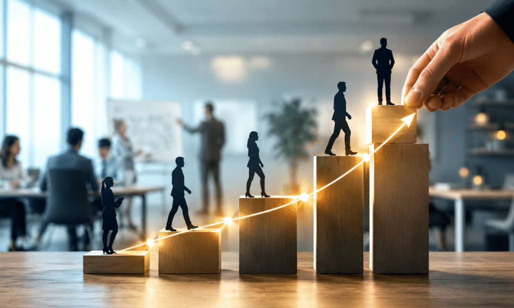 Professionals climbing growth steps in a modern office, symbolizing talent development, workforce training, and business success.